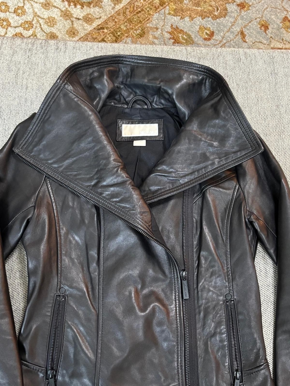 MICHAEL Michael Kors Black Leather Asymmetric Collar Jacket
